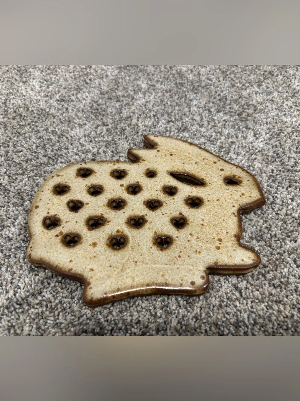 Vintage Stoneware Rabbit Trivet w/Speckled Glaze & Cut-Out Heart Shapes